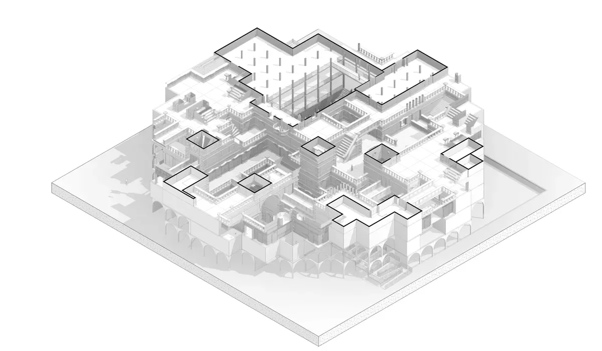 Isometric section detail - interior spaces and circulation