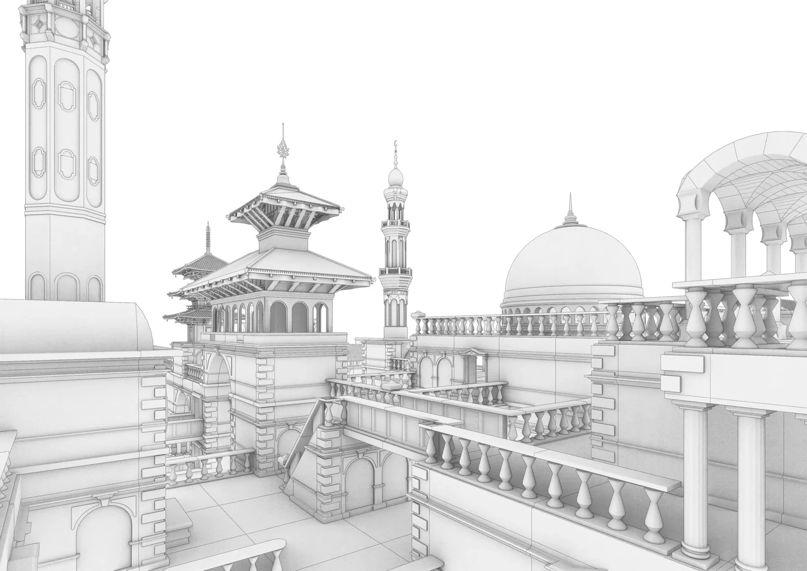 Rooftop perspective - towers, domes, and pagodas of the assembled city