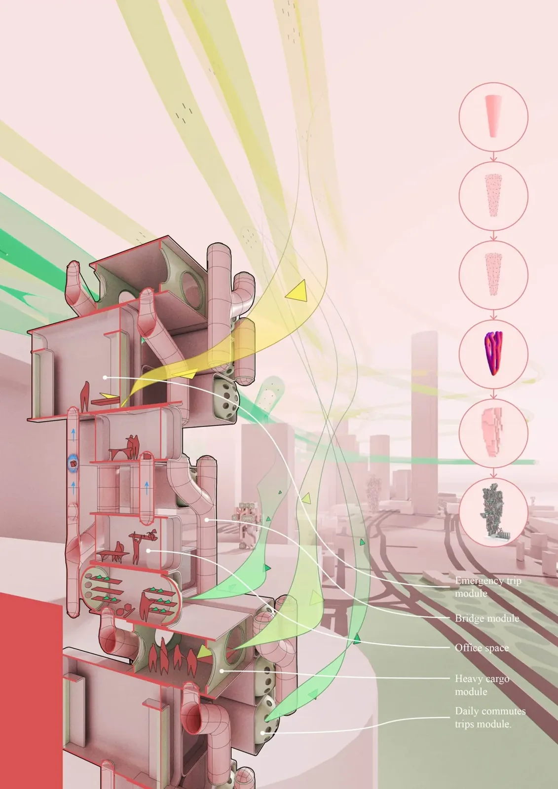 Concept diagram showing drone module assembly and urban network