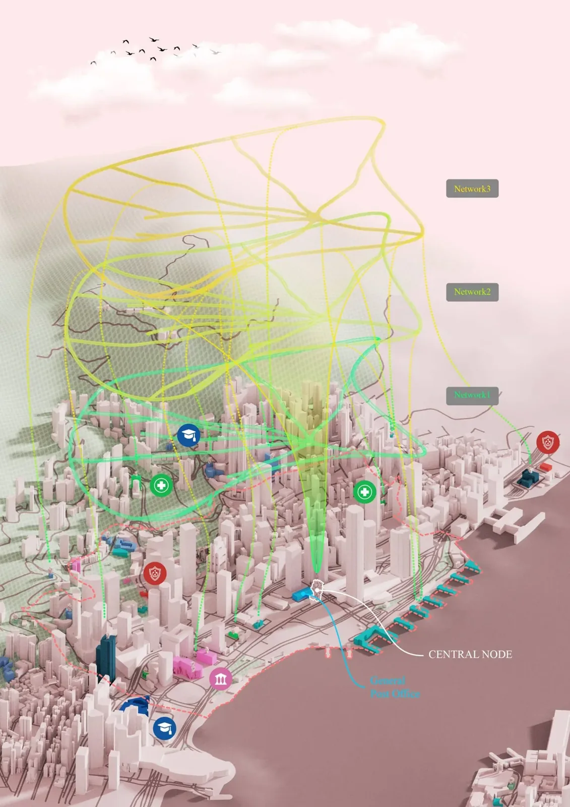 Functional diagram showing module types and drone logistics