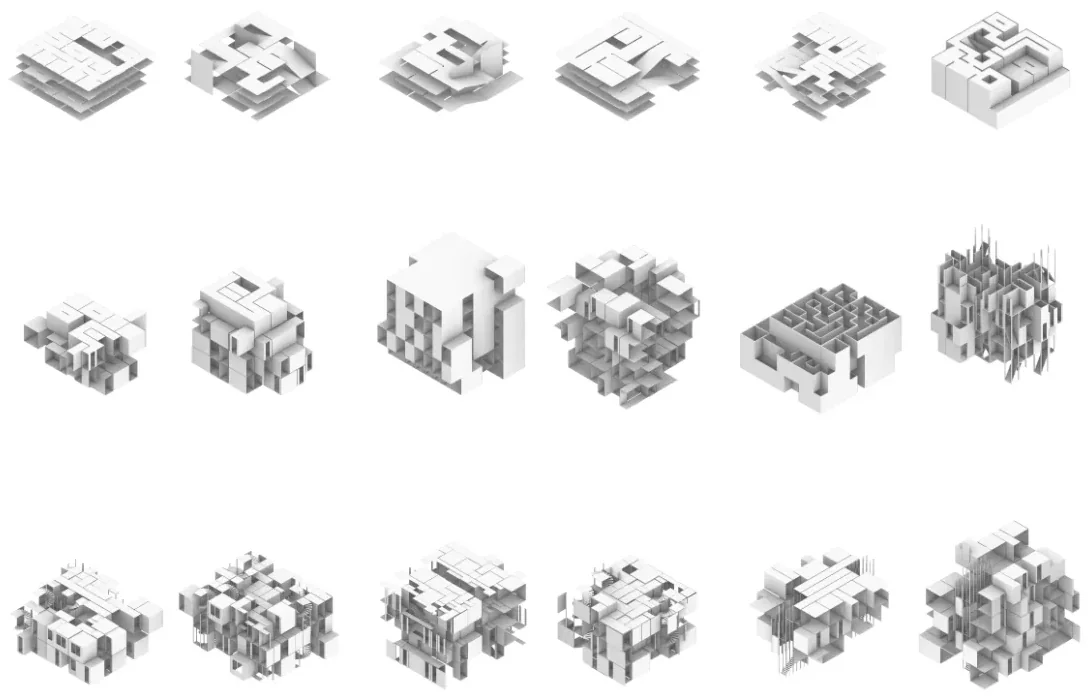 Four colorful facade elevation diagrams showing modular room arrangements