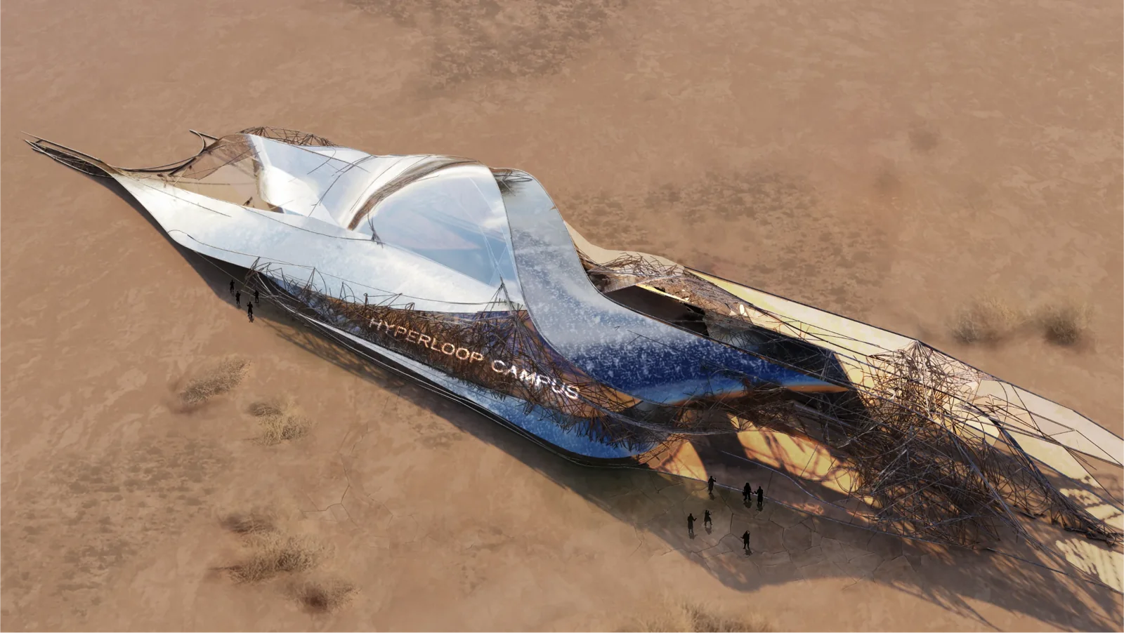 Aerial render of the hyperloop campus building in a desert landscape