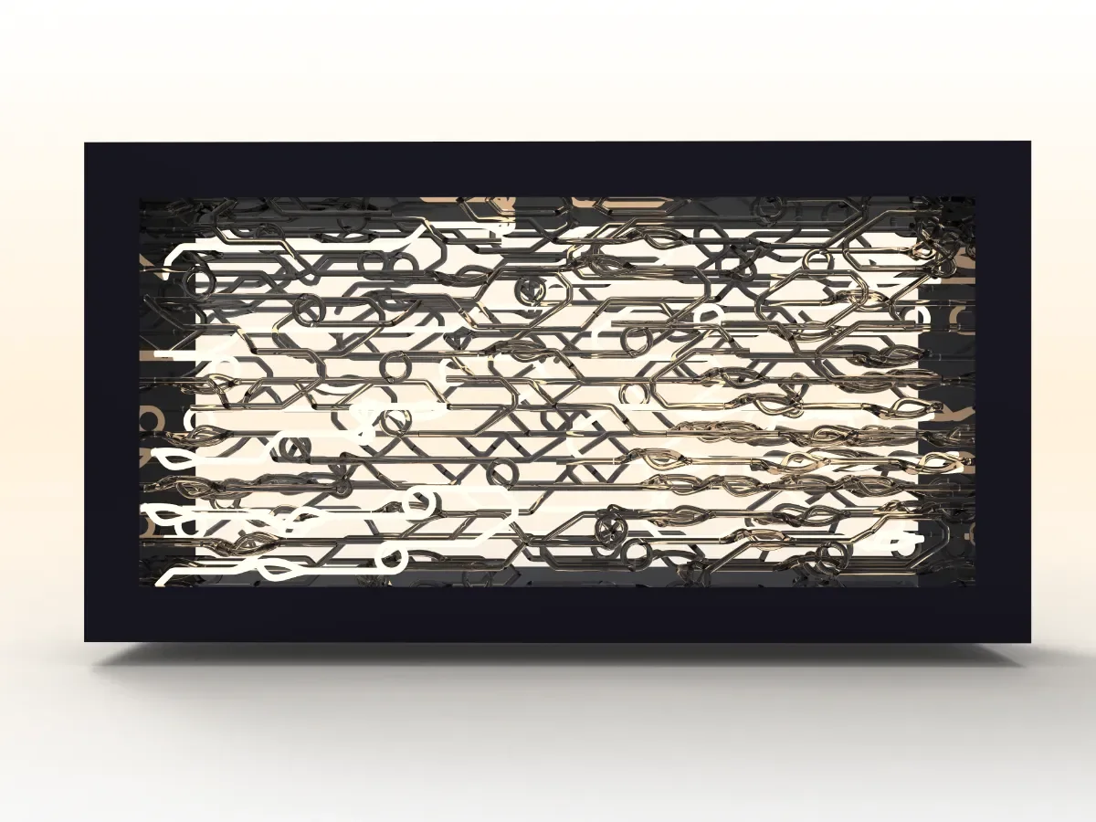 Lalalamp front view with metallic pipe loops illuminated inside a dark rectangular frame