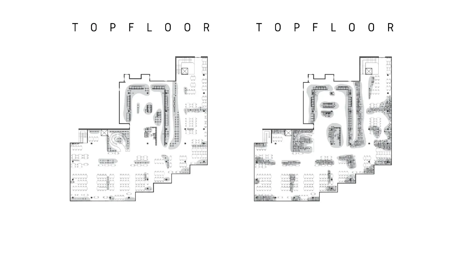 Top floor plan of the redesigned canteen with the new seating layout