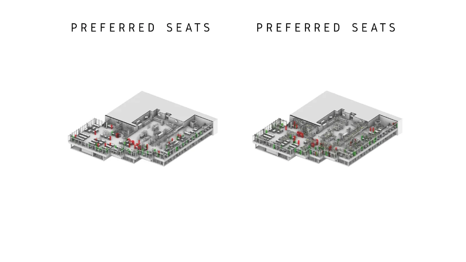 Preferred and avoided seats mapped onto a cutaway of the hall - chosen in green, avoided in red