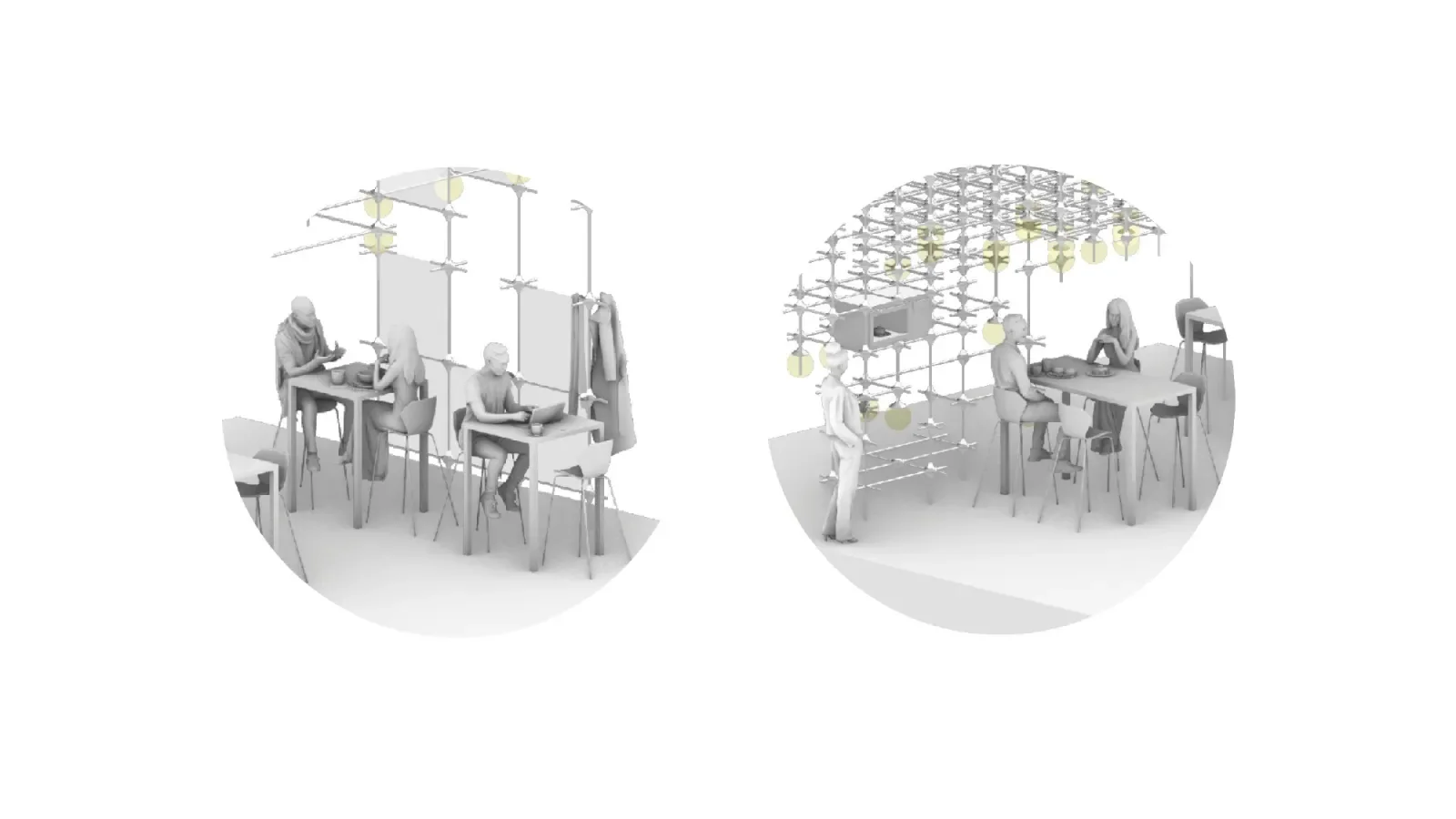 Seating scenarios under the parametric structure - an open table and an enclosed nook