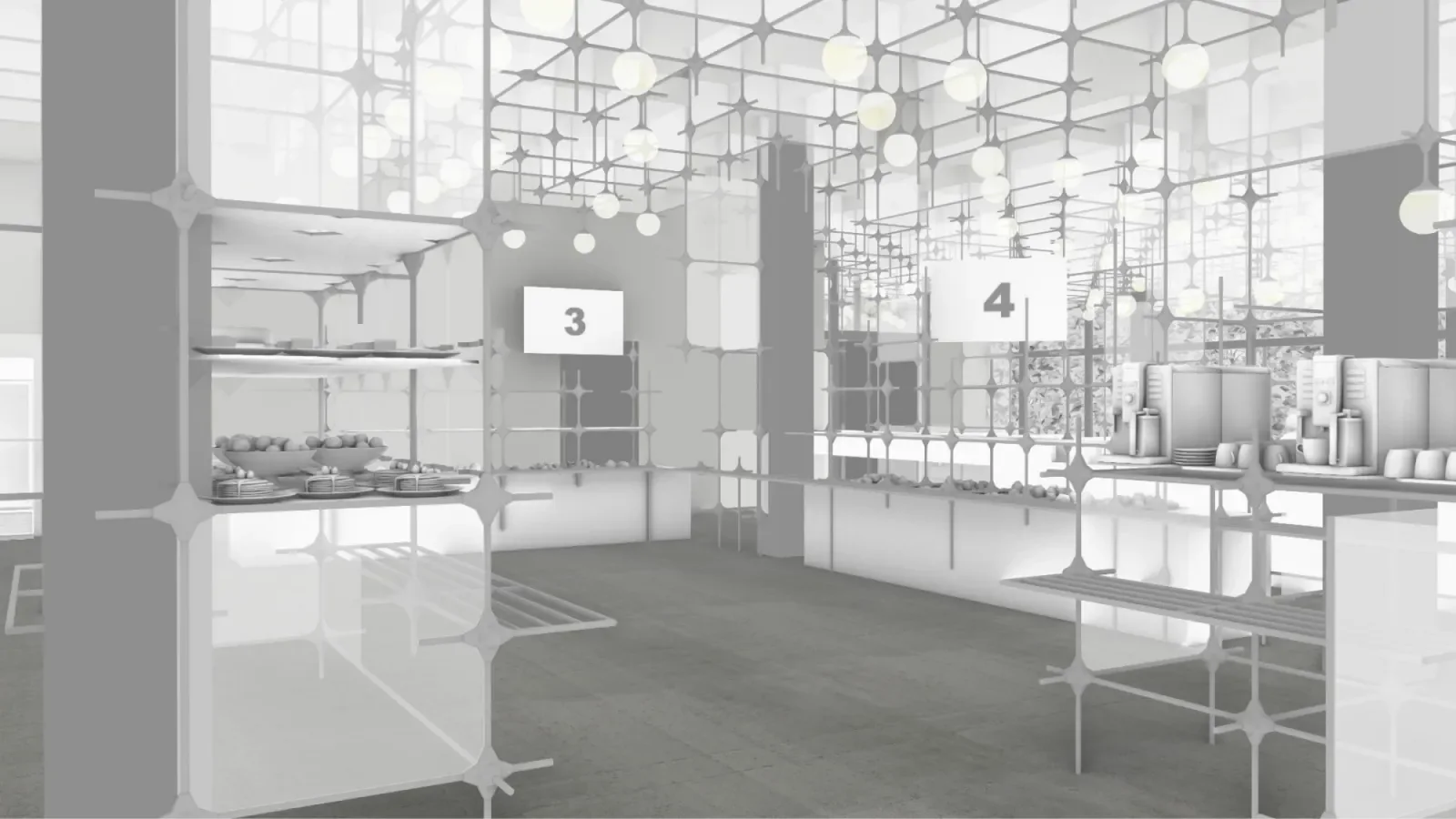 Rendered view of the serving area and food counters under the lamp lattice