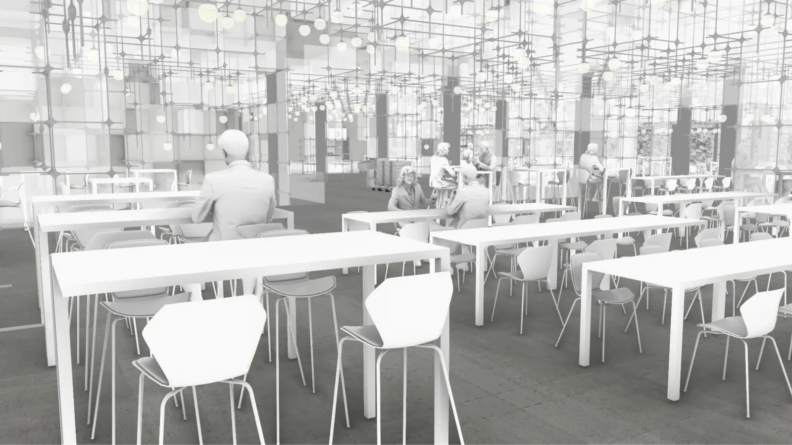 Rendered perspective of the dining hall with the parametric lamp structure
