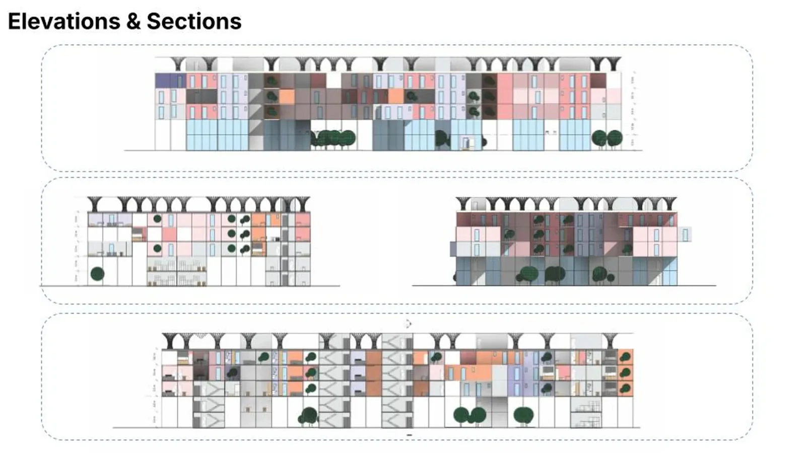 Elevations and sections of the modular housing block