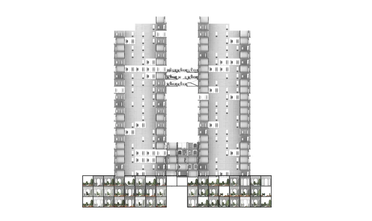 Section through the twin tower configuration