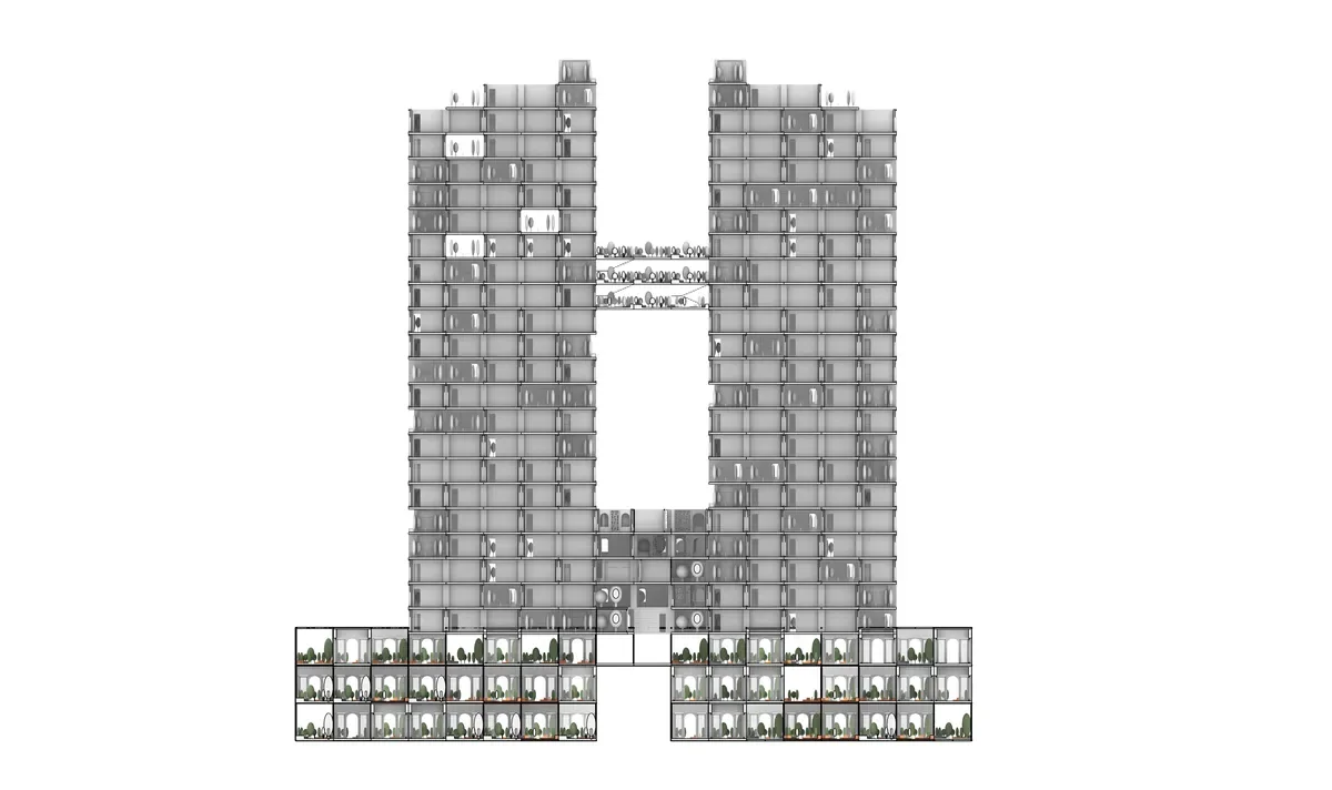 Single tower section showing residential modules