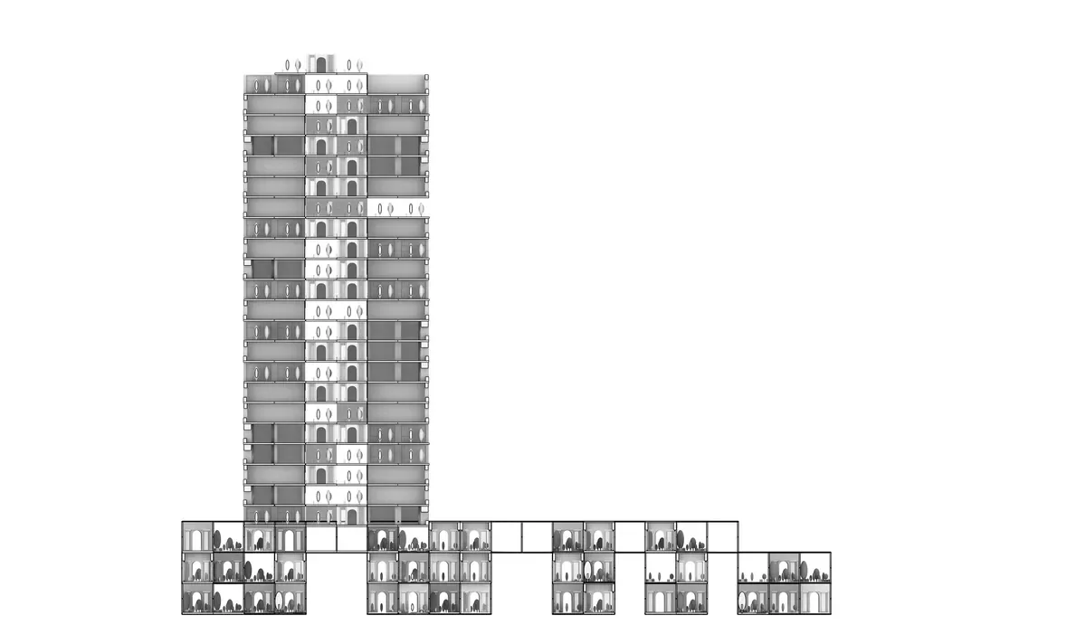 Tower section showing arched module repetition