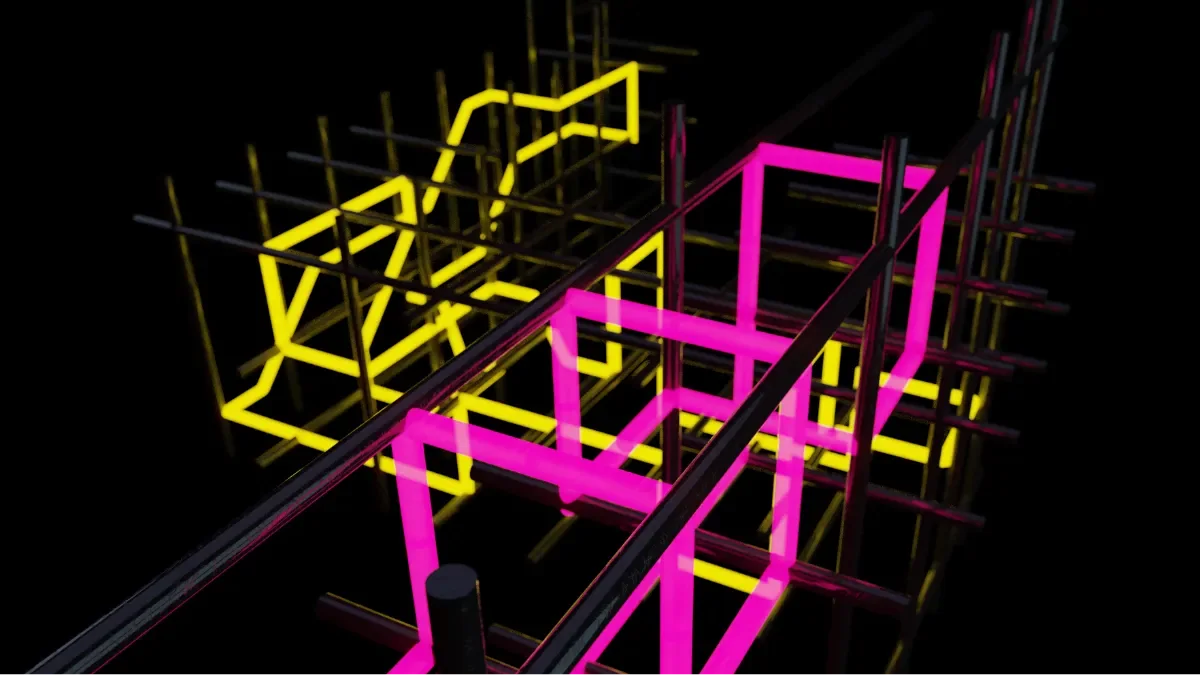 Neons modular light sculpture with glowing neon tubes in a structural frame