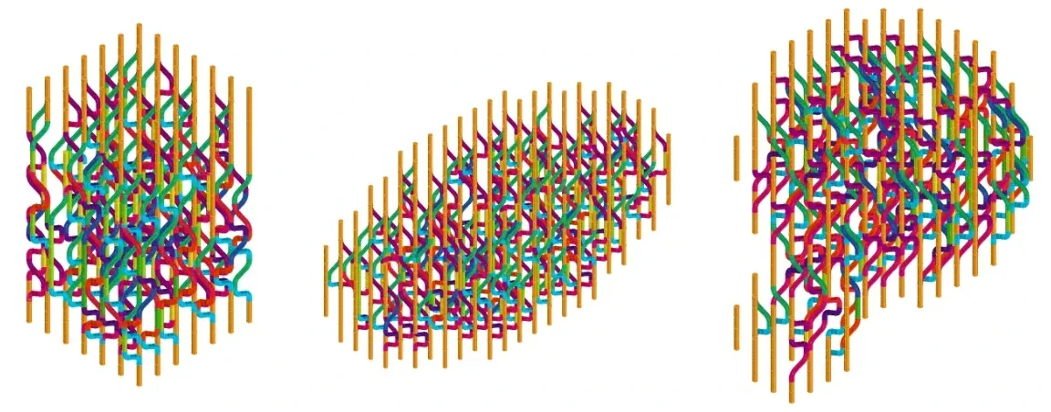 Three Pipes aggregation variations in different spatial envelopes with colorful intertwined vertical pipes