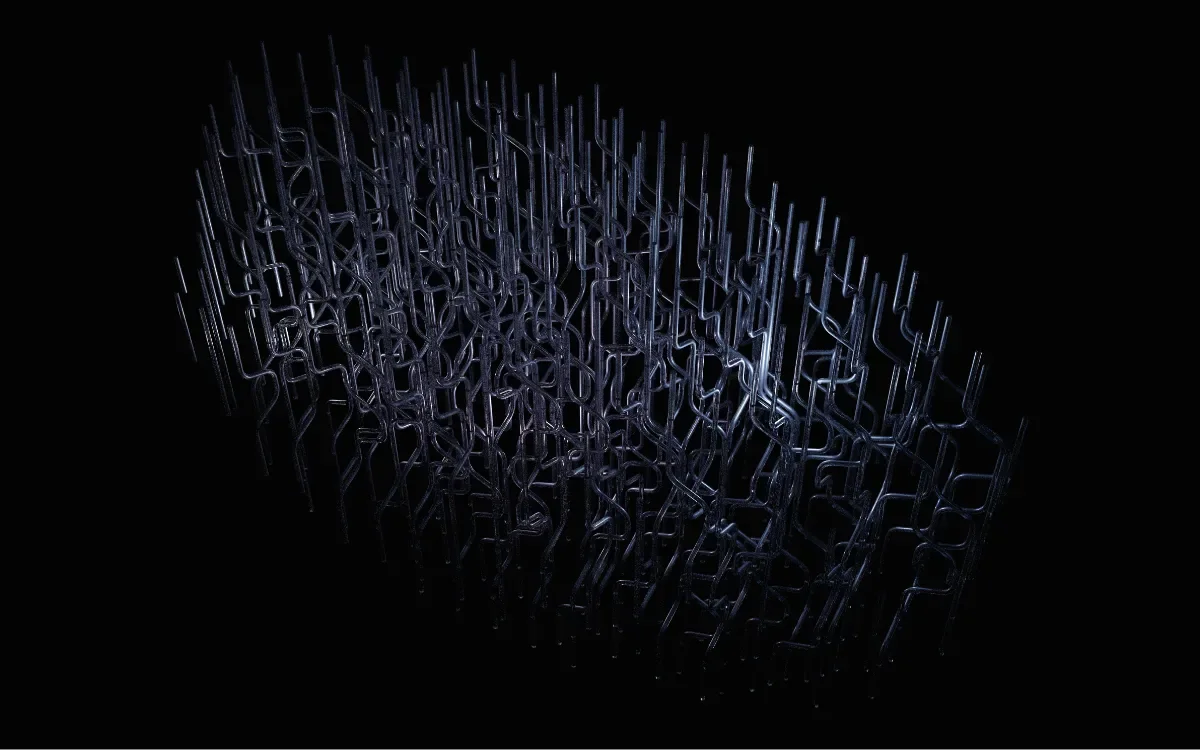 Rendered Pipes container with dense metallic intertwined vertical pipes on dark background