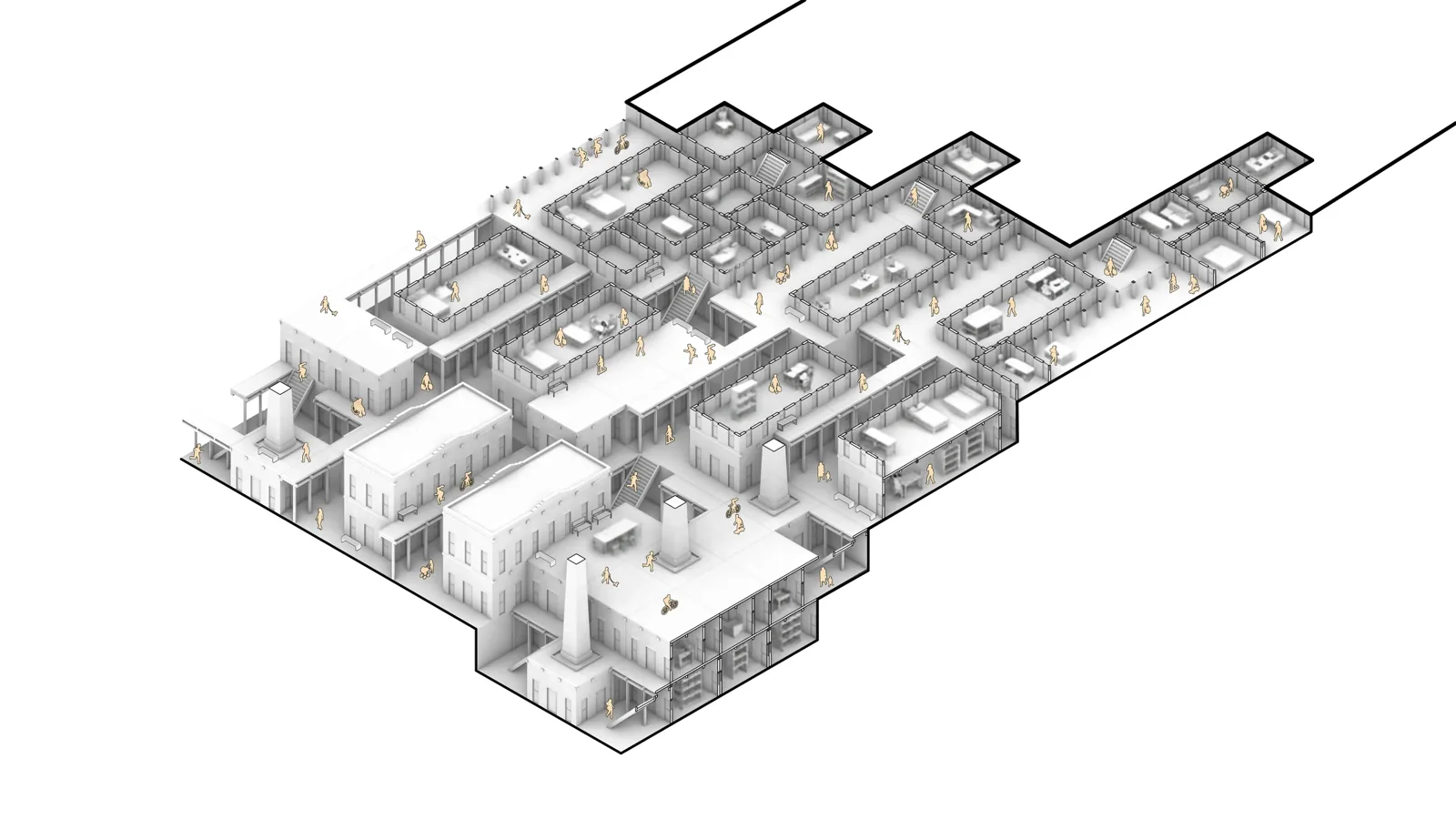 Isometric plan and section of the modular barrio housing
