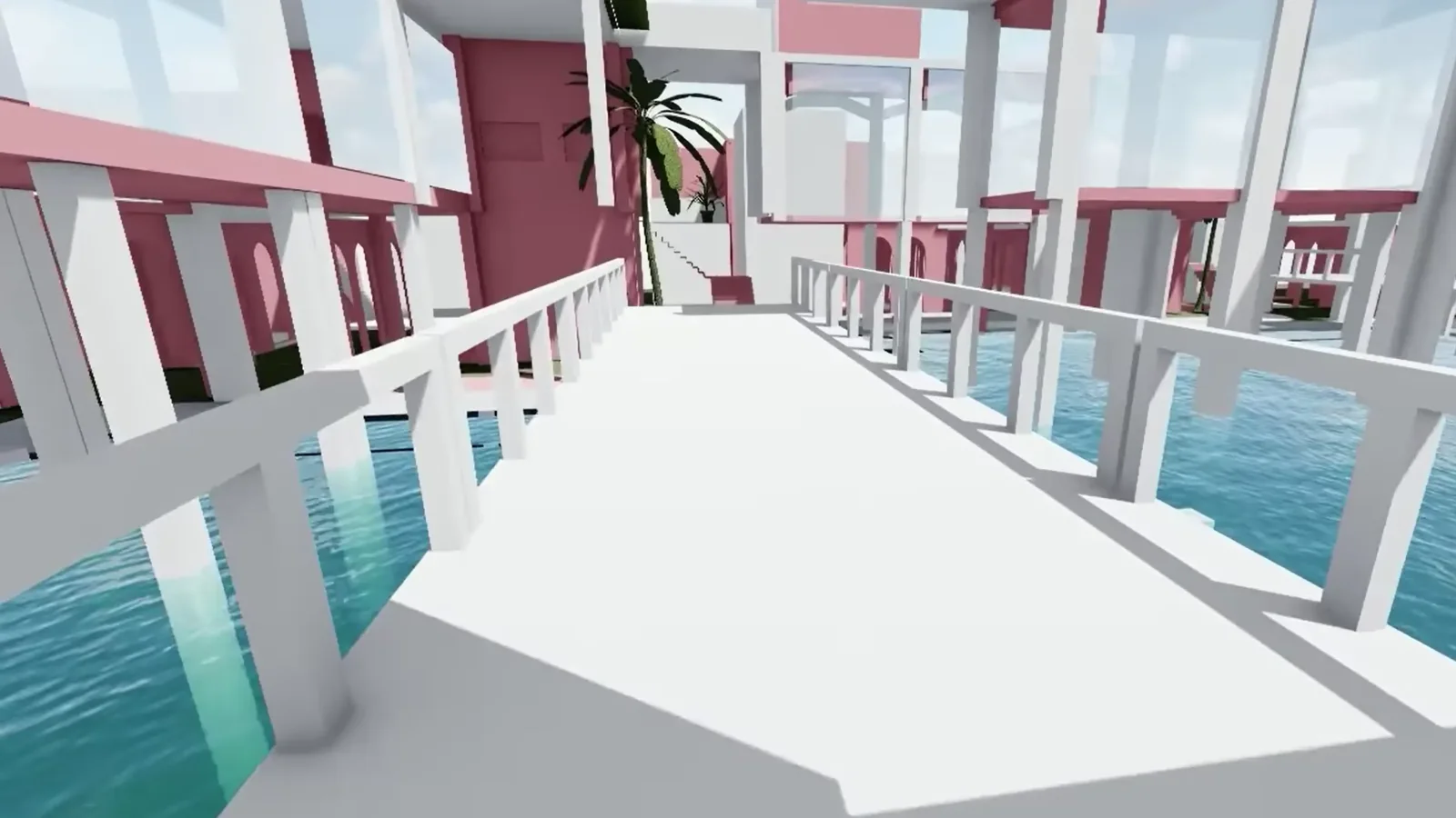 First-person view along a boardwalk through the WFCity Water settlement
