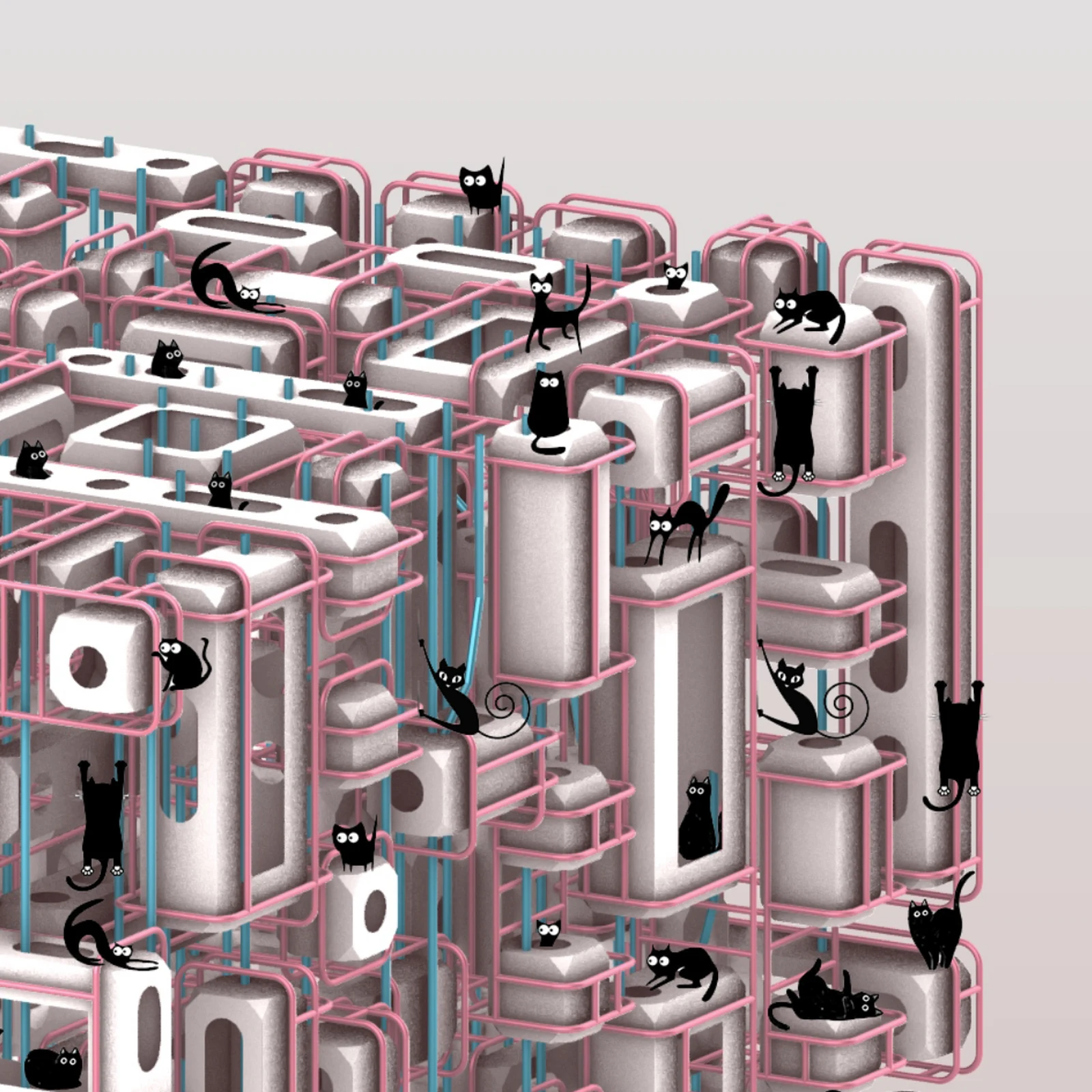 A Community of Cats. A modular environment for climbing, playing, resting and observing.
