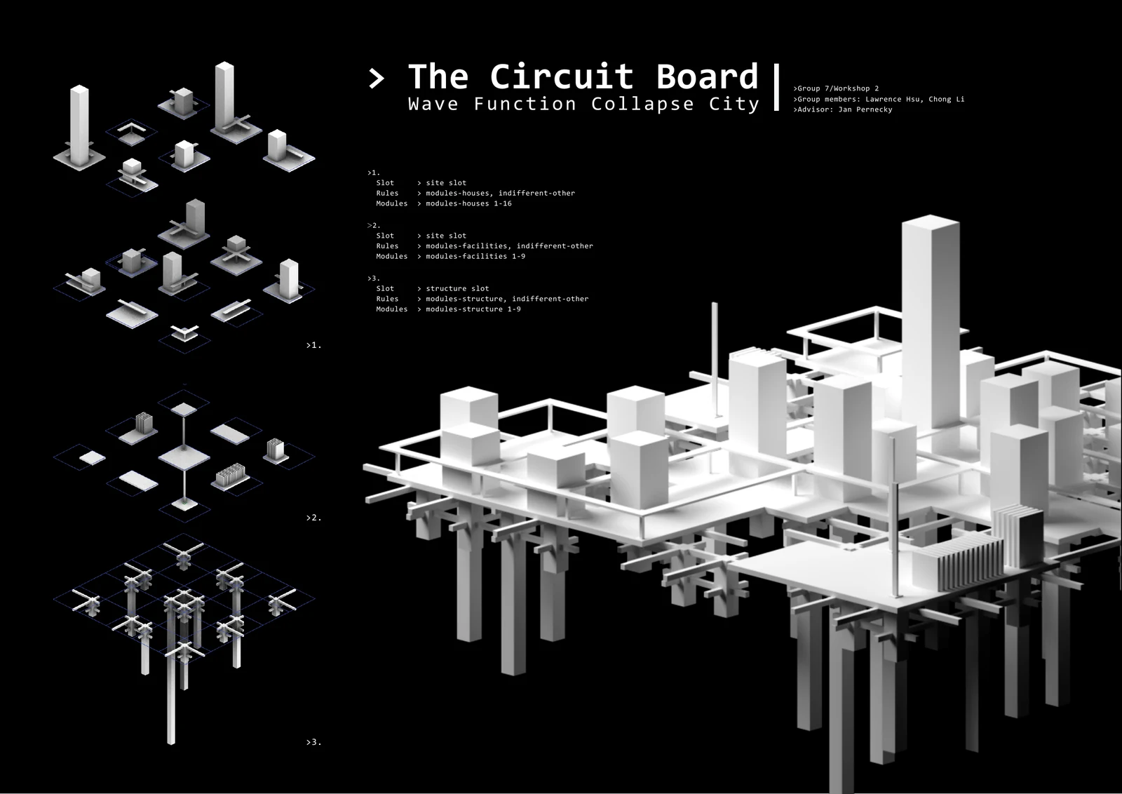 The Circuit Board. Original presentation with the three module families, connection diagrams and assembled model.