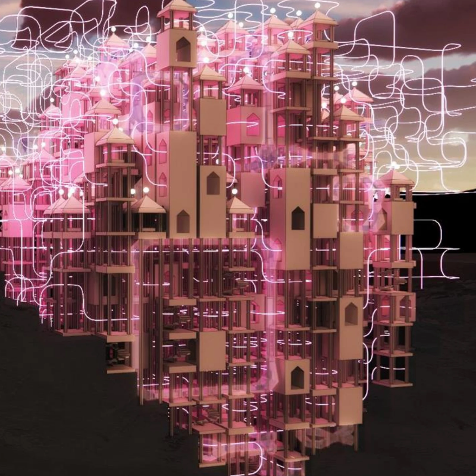 Cloud City. An urban assembly combining buildings, landscape and traffic trajectories.