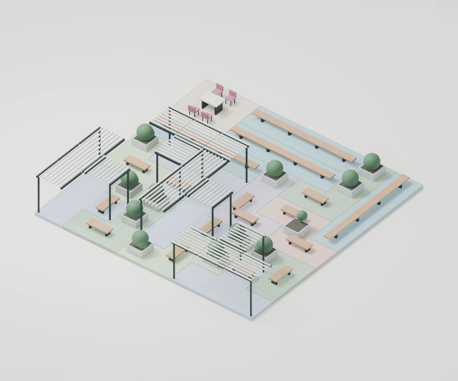 Isometric render of Courtyard Kit with seating, planting and pergolas on a tiled terrace.