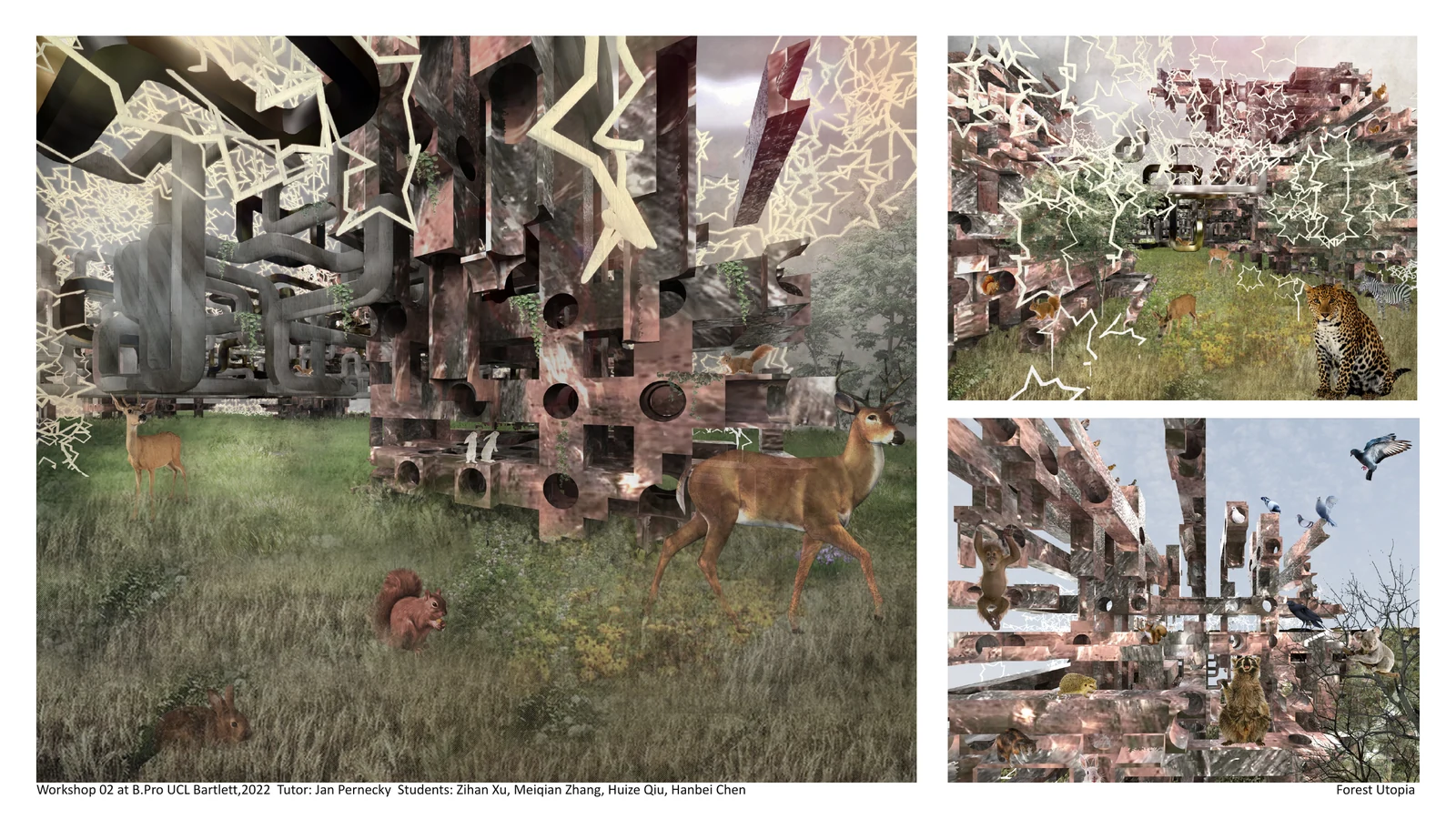 Forest Utopia. Views of the proposed habitat within a forest setting.