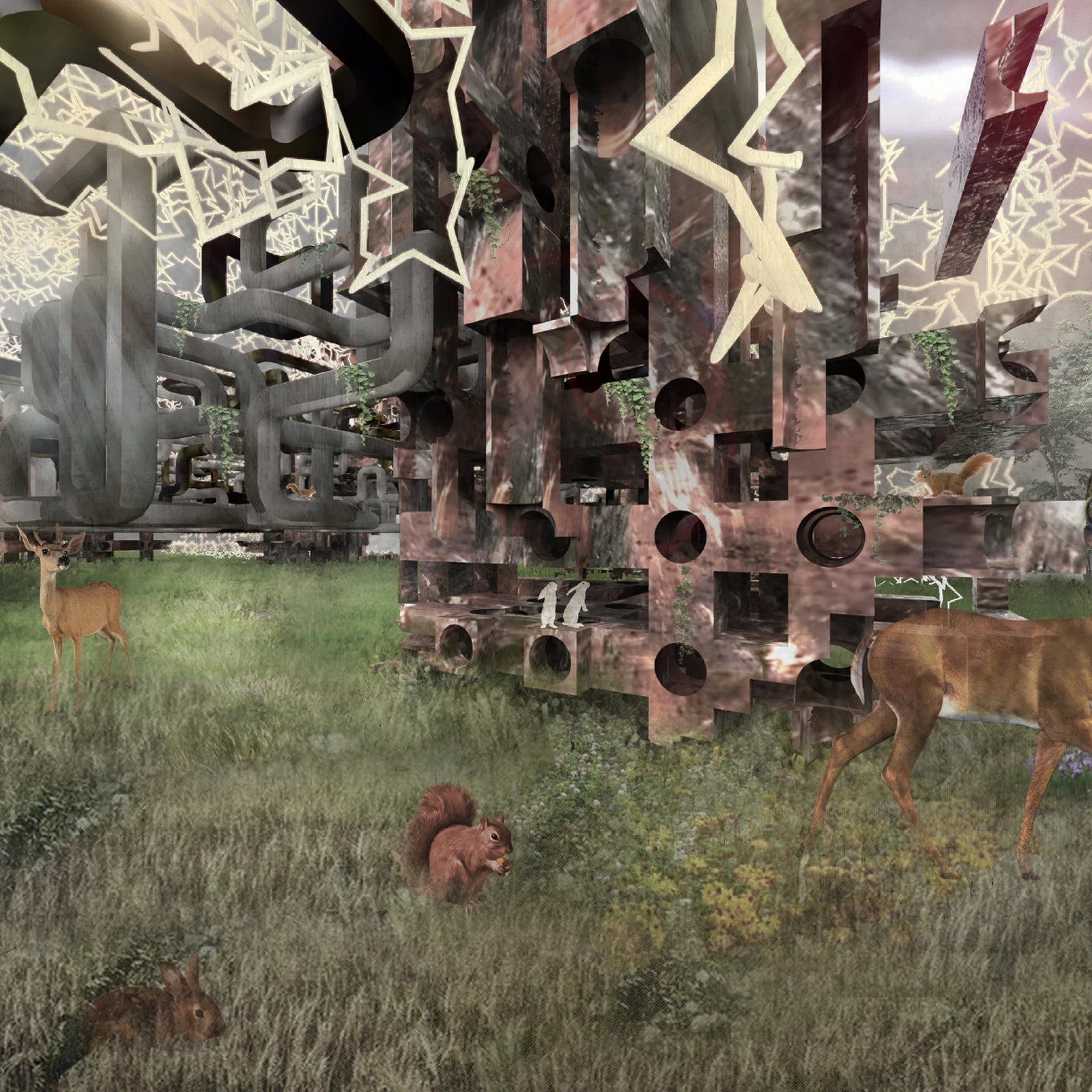 Forest Utopia. A speculative forest habitat assembled from four connected systems.