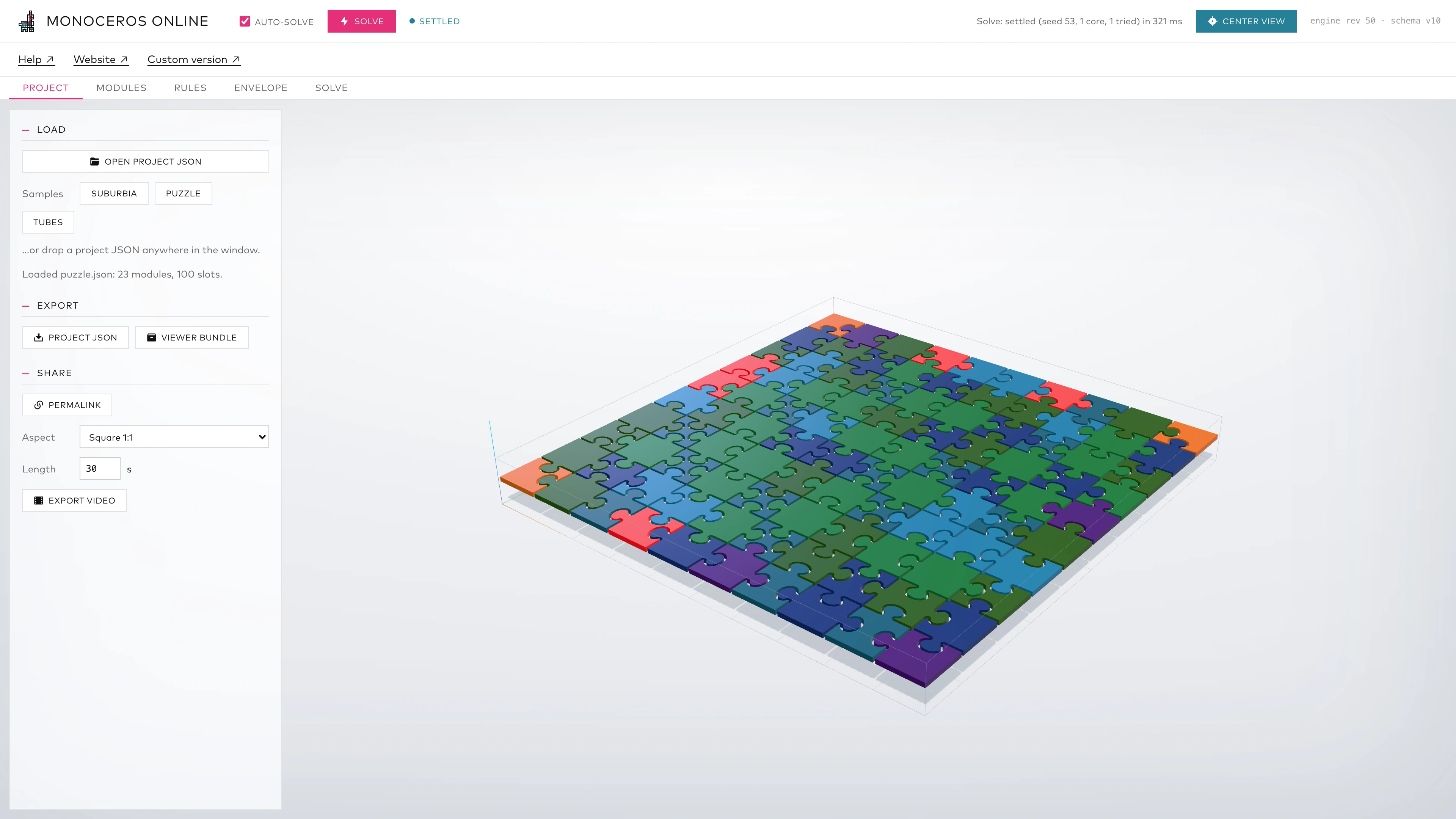 The built-in Puzzle example solved in the Monoceros Online workspace.