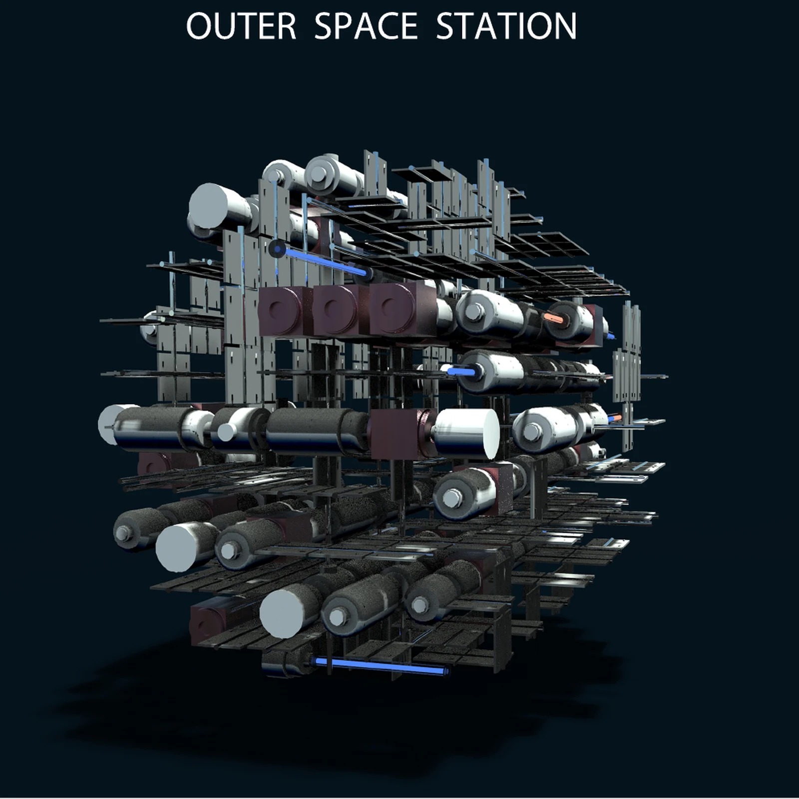 Outer Space Station. Cabins, aisles, rods and solar panels form a speculative station.