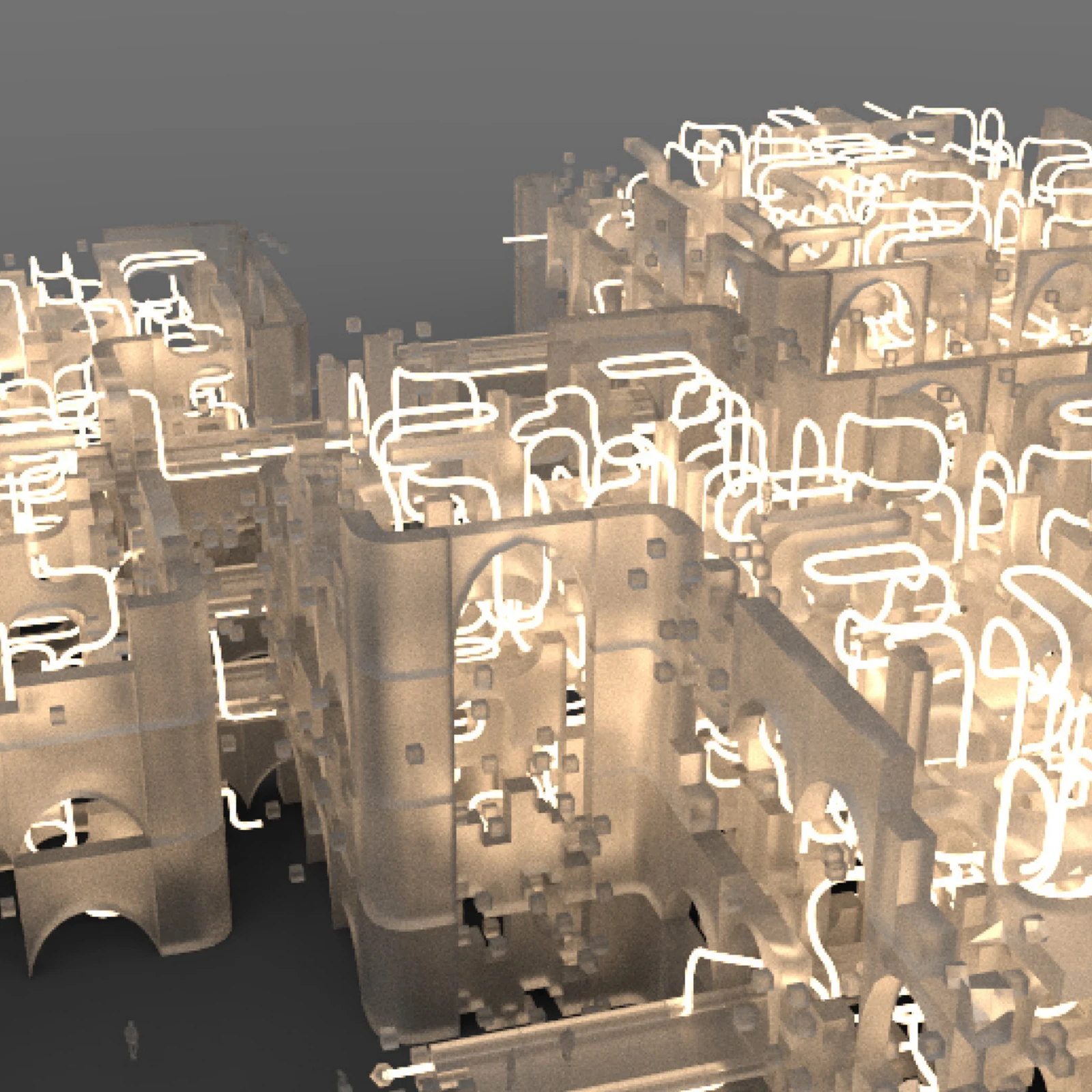 rupture. Illuminated networks and solid parts assembled into a spatial system.
