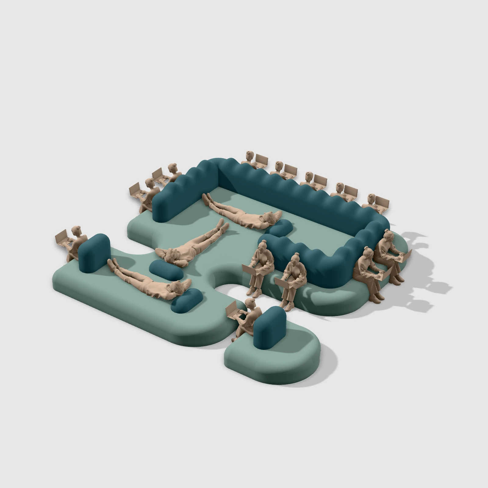 Sage green seating islands with blue-green backrests and warm neutral figures.