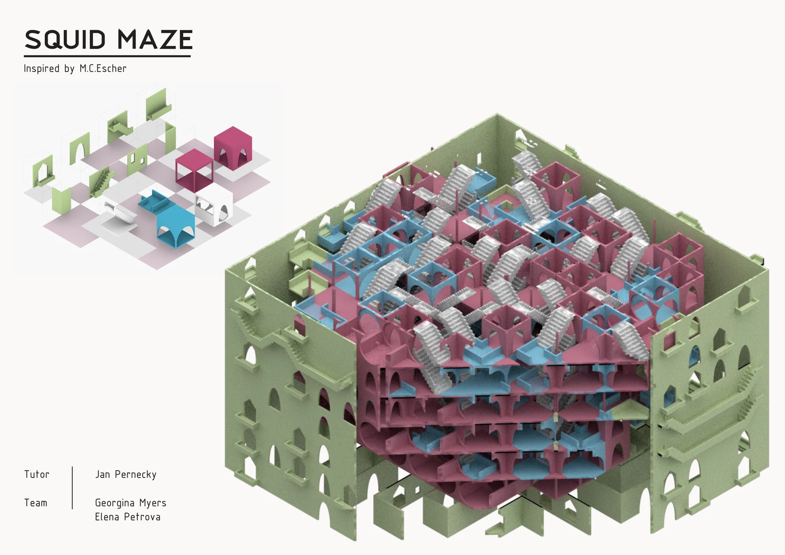 Squid Maze. Pôvodná prezentácia s katalógom modulov a prierezom bludiska.