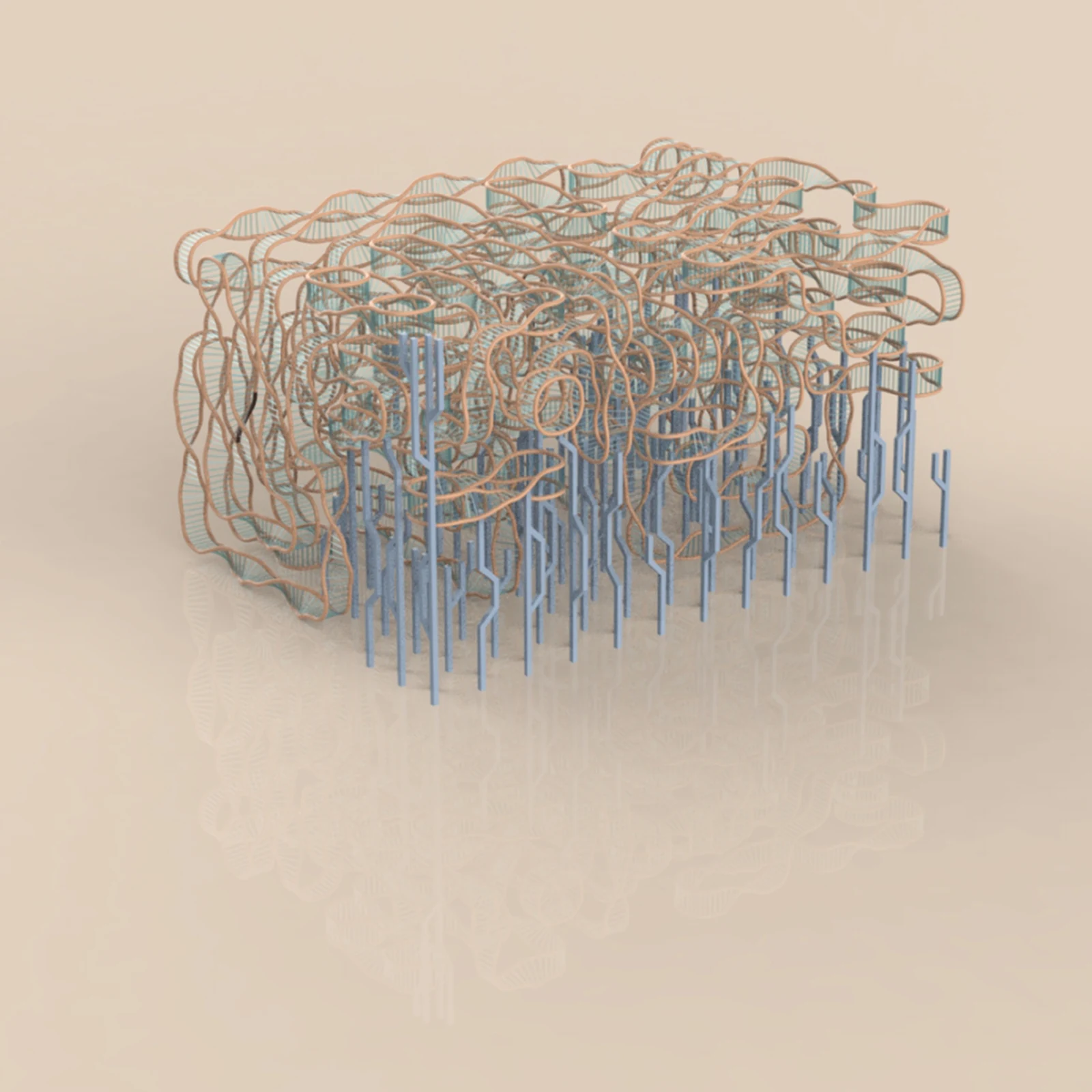 The Inversion. Branching supports and curved paths combined in one assembly.