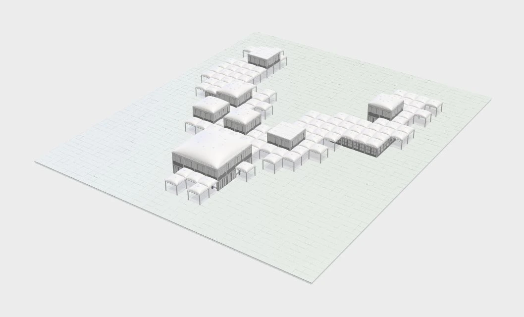 Native Monoceros assembly with square vaults, taller volumes and flat-roofed volumes on columns around open ground.