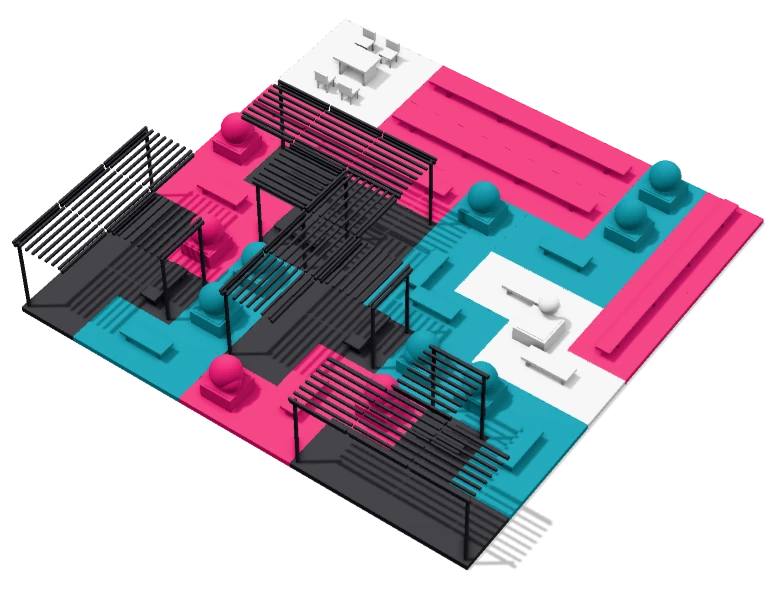 Native Courtyard Kit arrangement with seating, planting and pergolas in pink and teal.