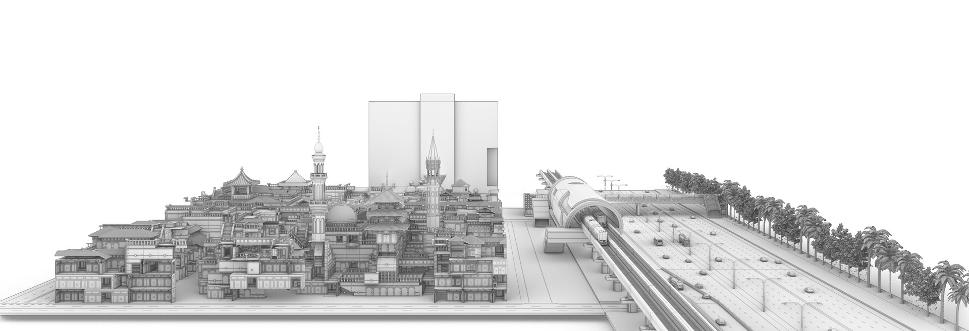 Exodus — panoramic view of the second hand city along infrastructure