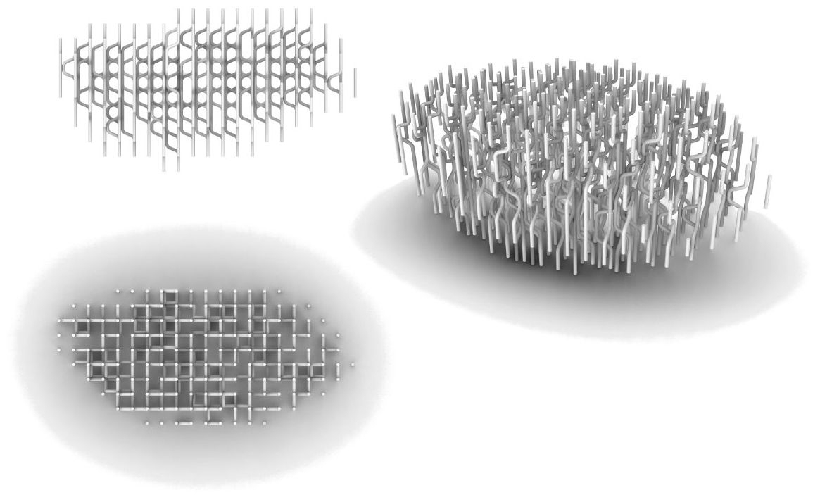 Three views of the Pipes container: front section, top plan, and perspective render