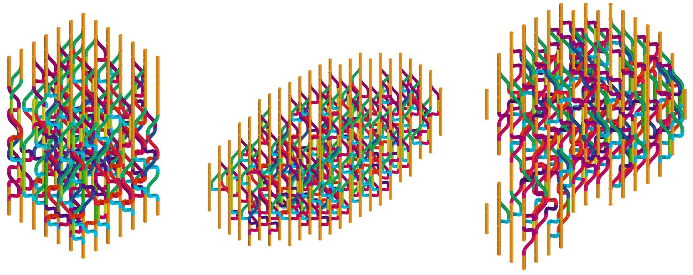 Three Pipes aggregation variations in different spatial envelopes with colorful intertwined vertical pipes