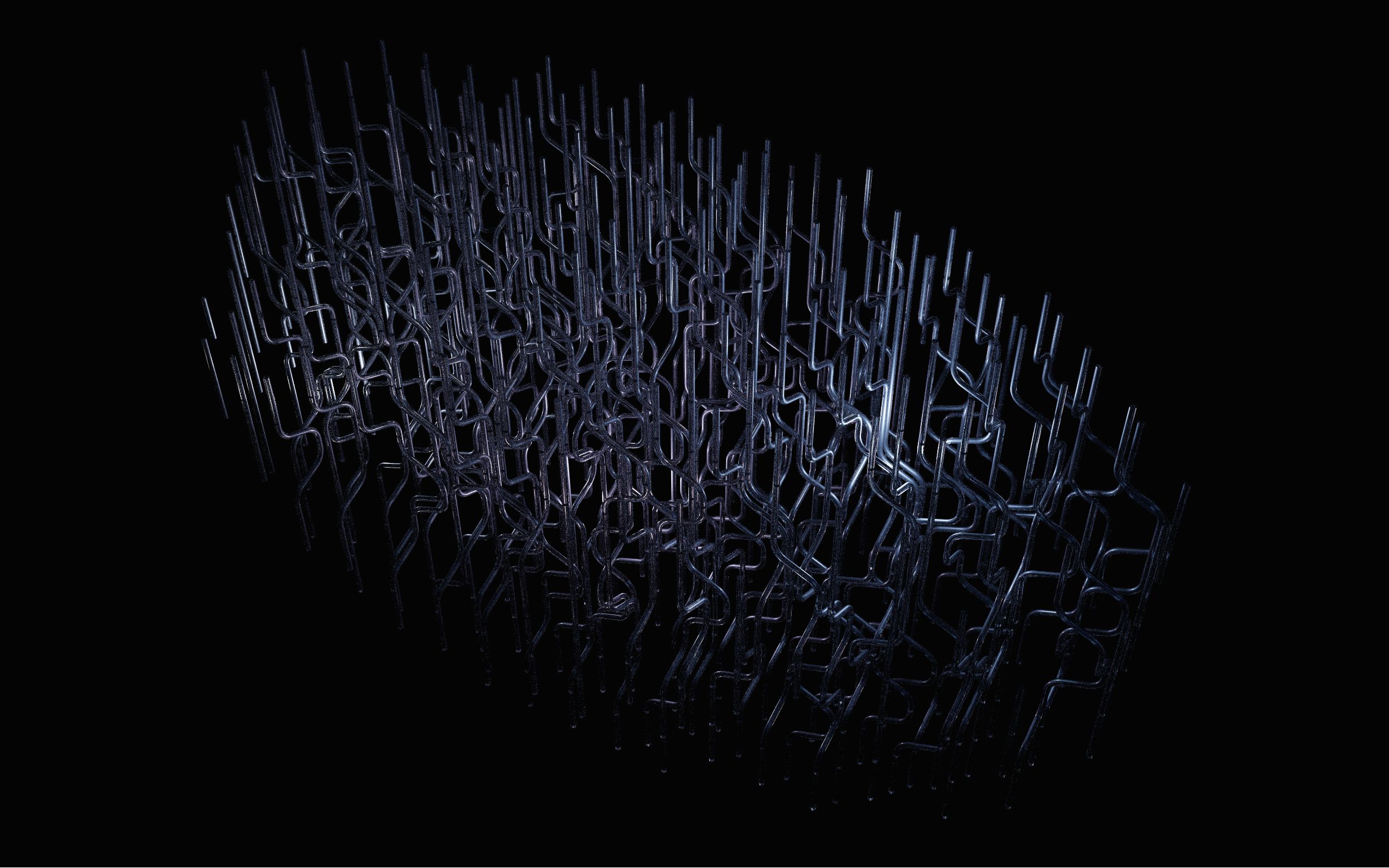 Rendered Pipes container with dense metallic intertwined vertical pipes on dark background