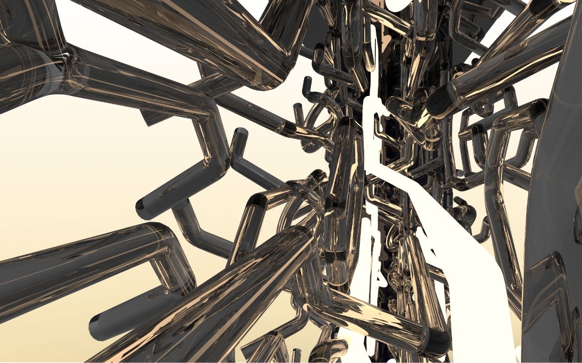 Close-up of intertwined metallic branching pipes in the Lalalamp sculpture