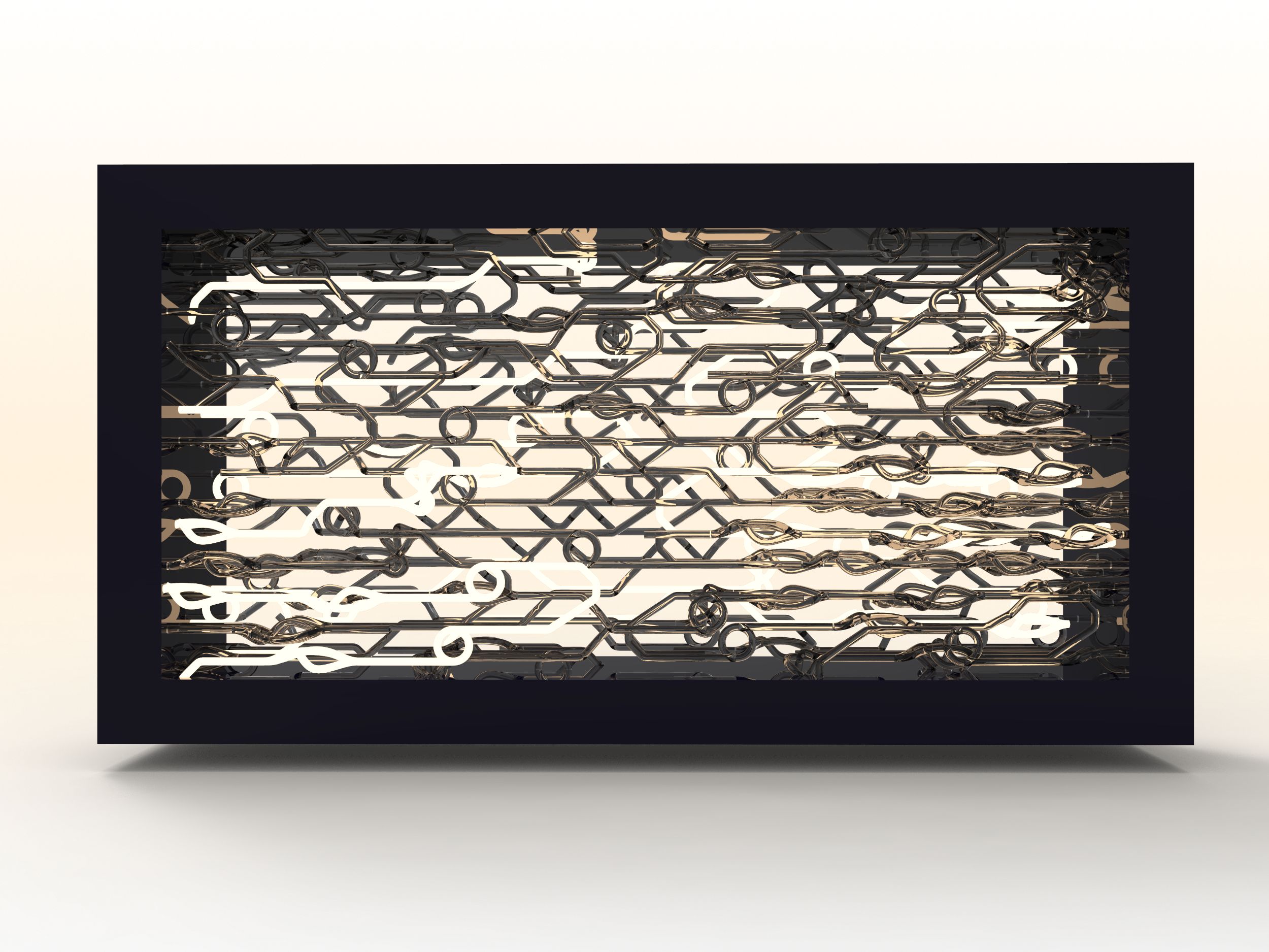 Lalalamp front view with metallic pipe loops illuminated inside a dark rectangular frame