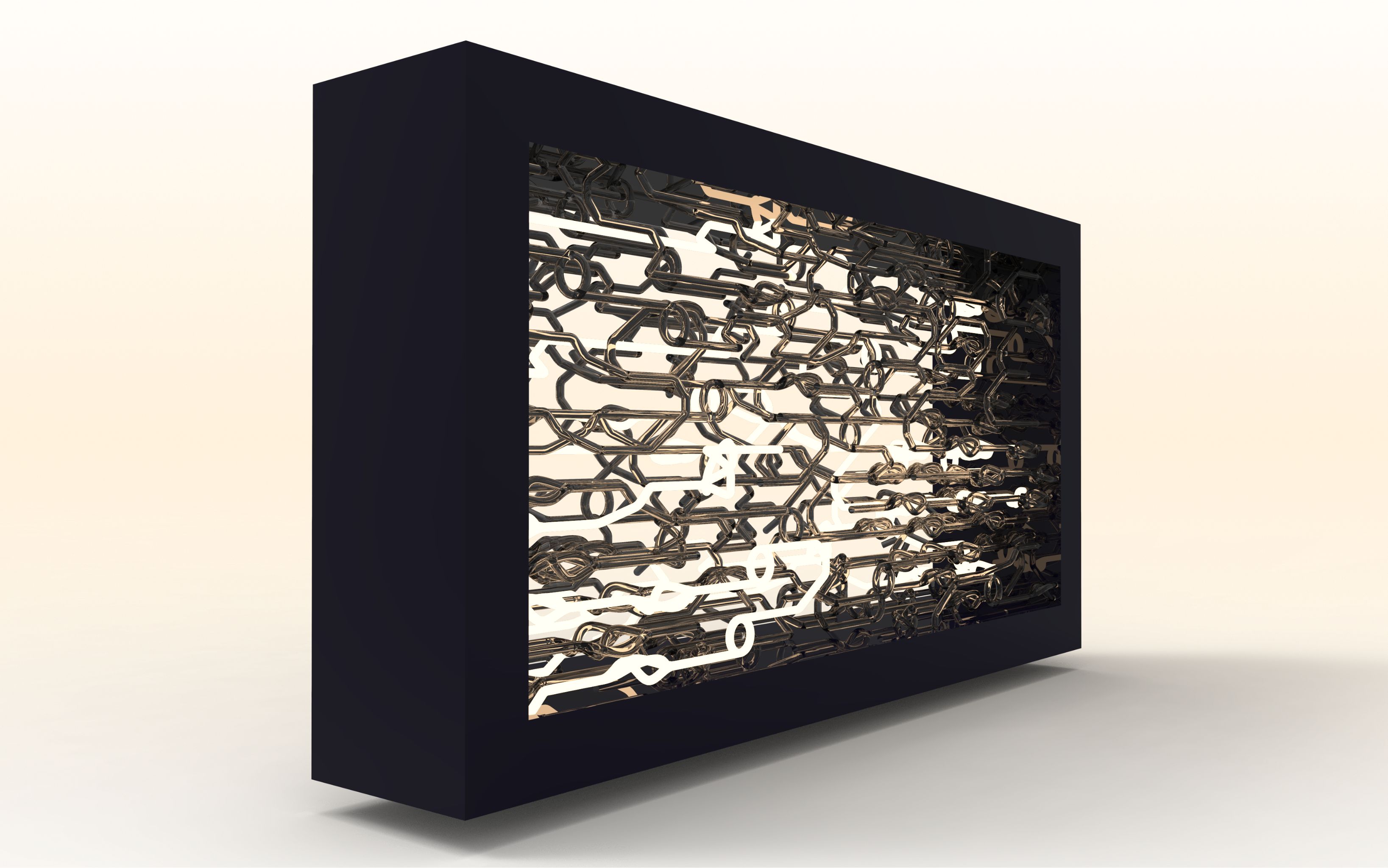 Lalalamp kalliroscope viewed at an angle showing illuminated pipe loops in a dark frame