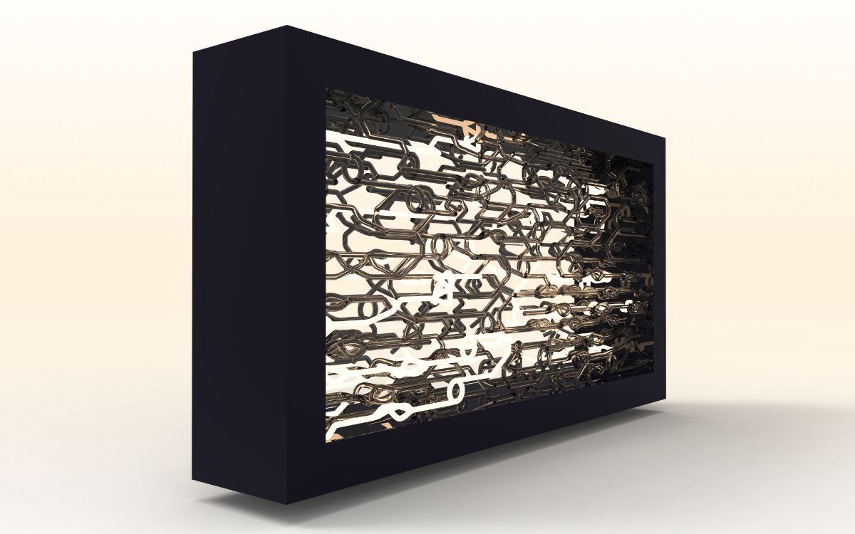 Lalalamp kalliroscope viewed at an angle showing illuminated pipe loops in a dark frame