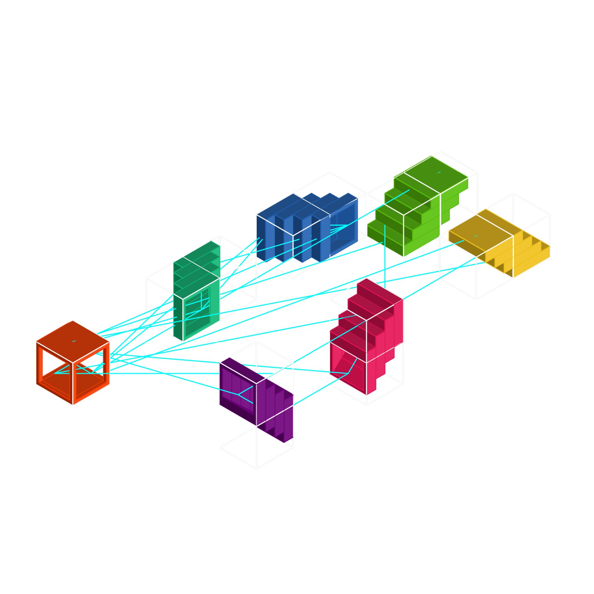 Color-coded modular staircase and tunnel pieces with connection rules shown