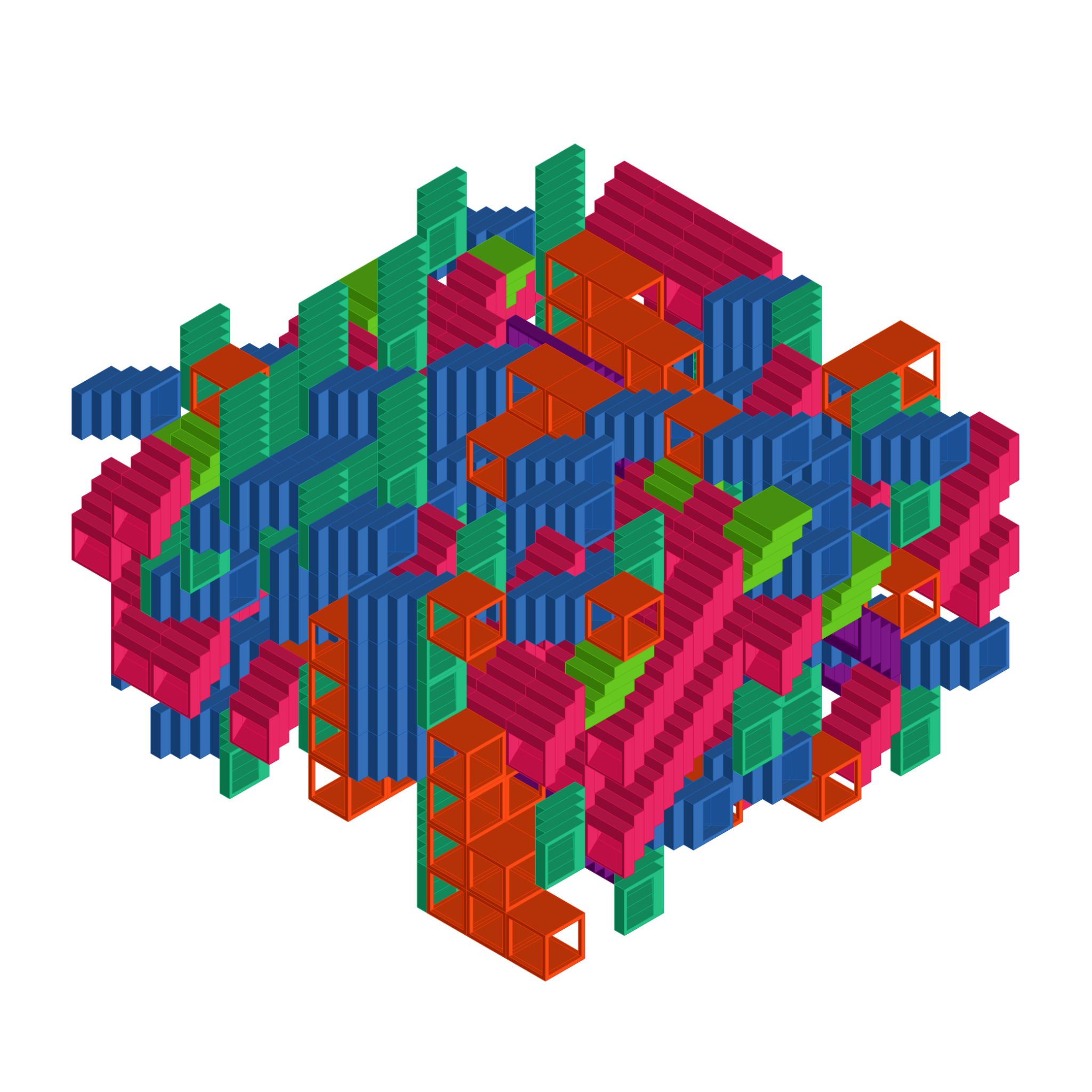 Isometric view of densely assembled colorful playground modules