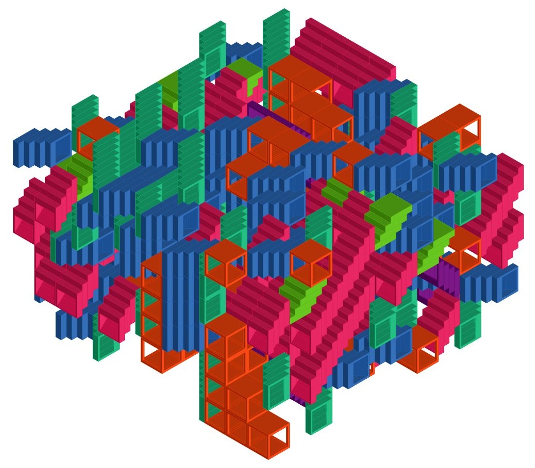 Isometric view of densely assembled colorful playground modules