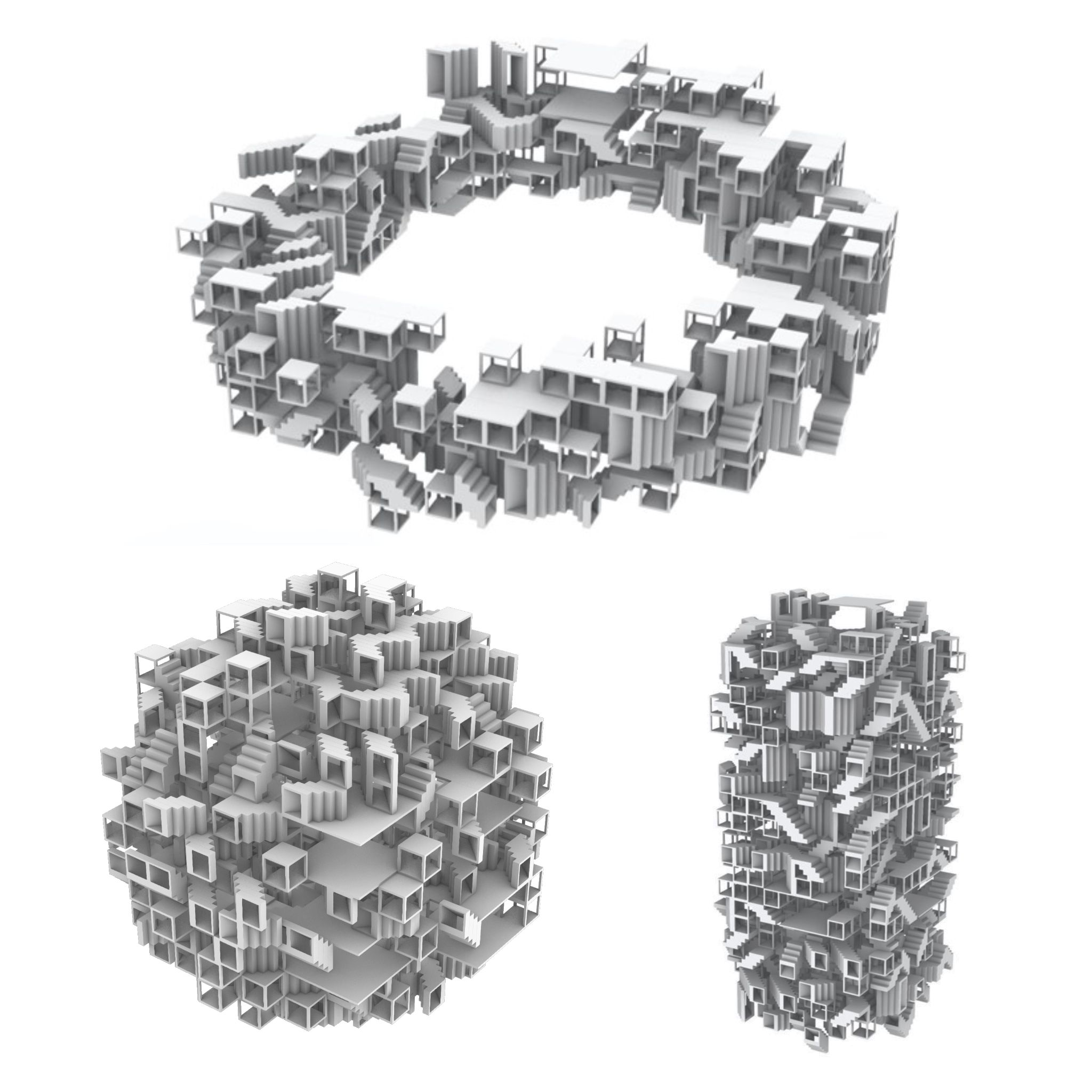 Three white maze configurations in ring, cube, and block shapes
