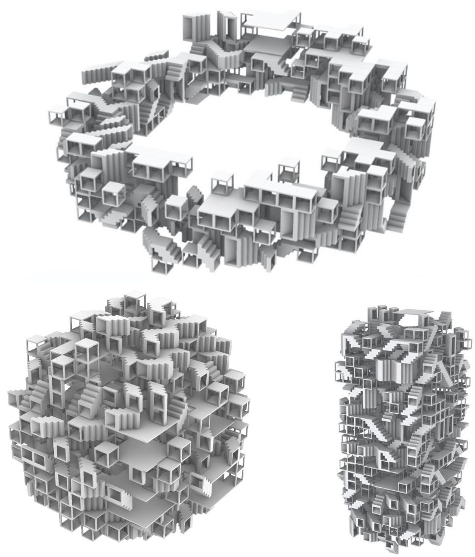 Three white maze configurations in ring, cube, and tower shapes