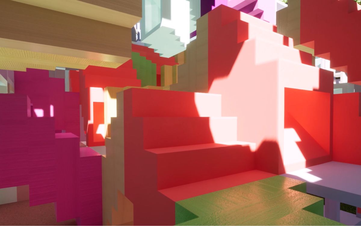 Interior view of colorful modular staircases and tunnels with sunlight