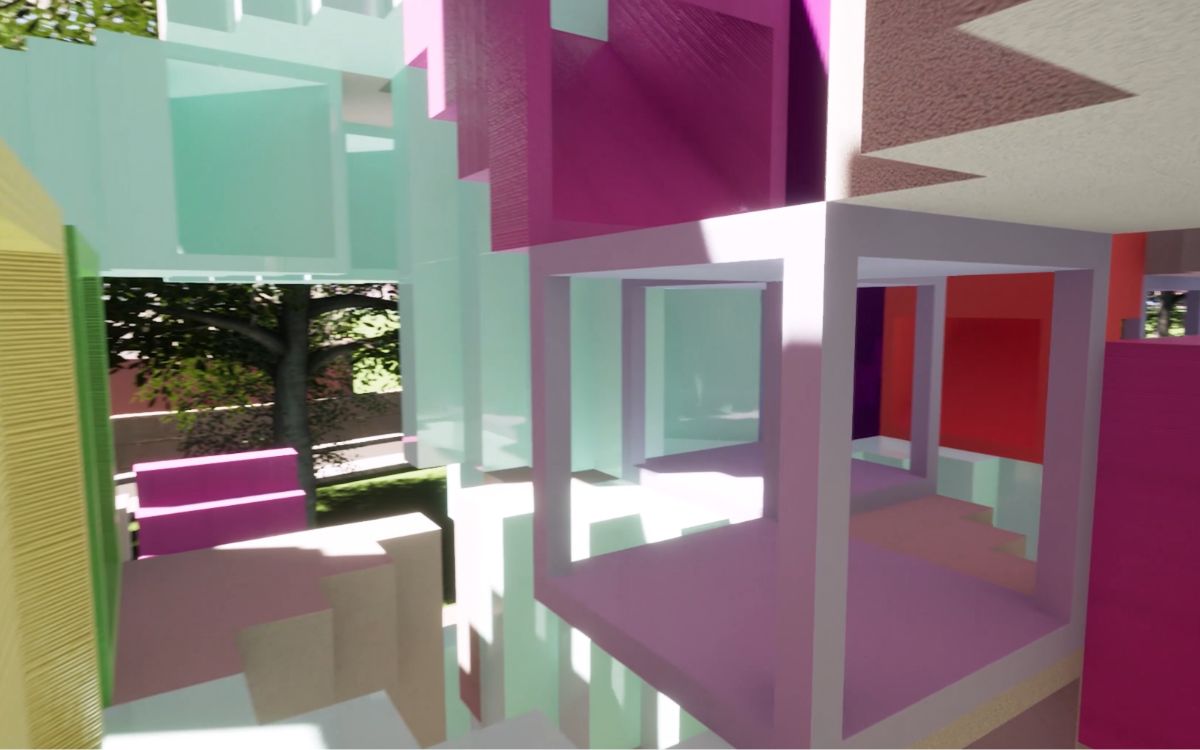 Interior view of pastel-colored modular rooms and open walkways in the playground